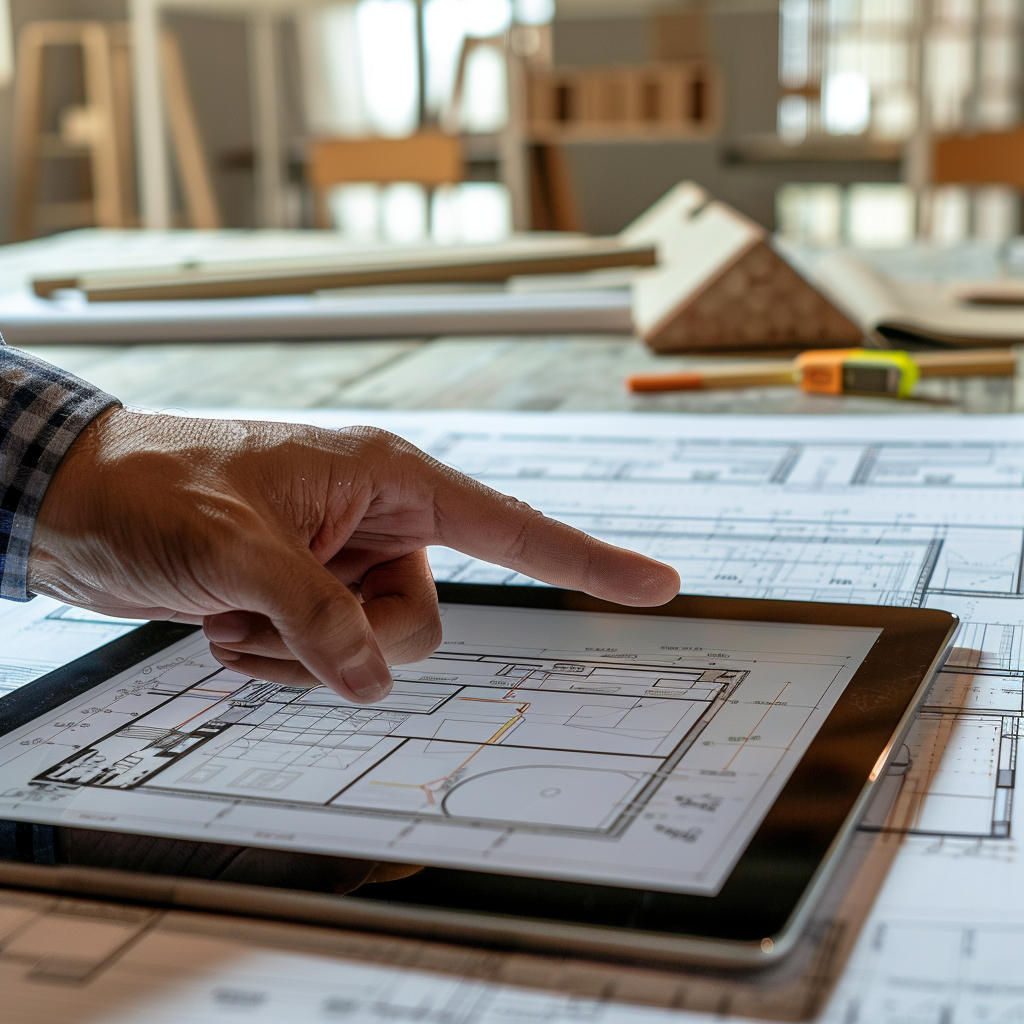 A hand points at a construction drawing on a tablet sitting on a table. More constructions drawings and tools can be seeing on the table and in the background.
