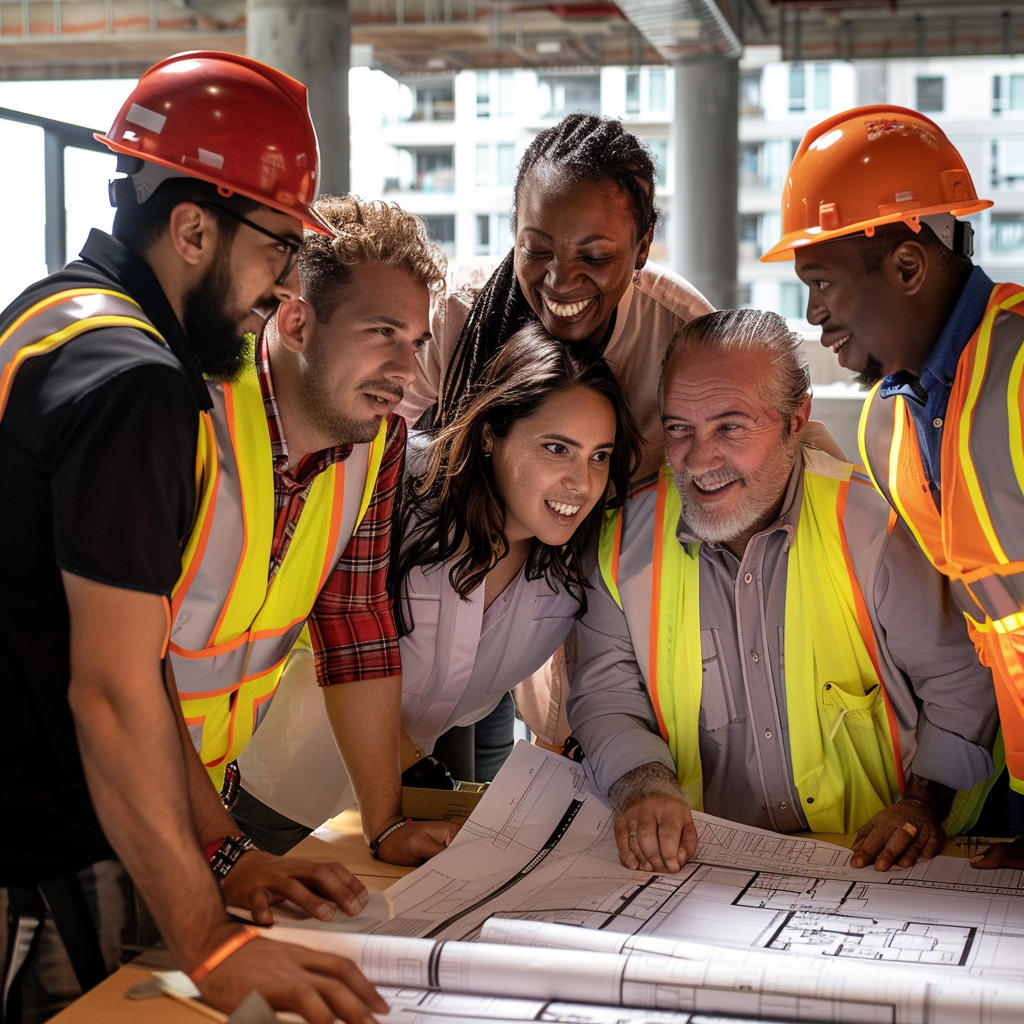 A diverse group  of construction professionals are in a huddle, happy and cooperating, around a set of blueprints on a table. Some of them are wearing hardhats and high visibility vests.