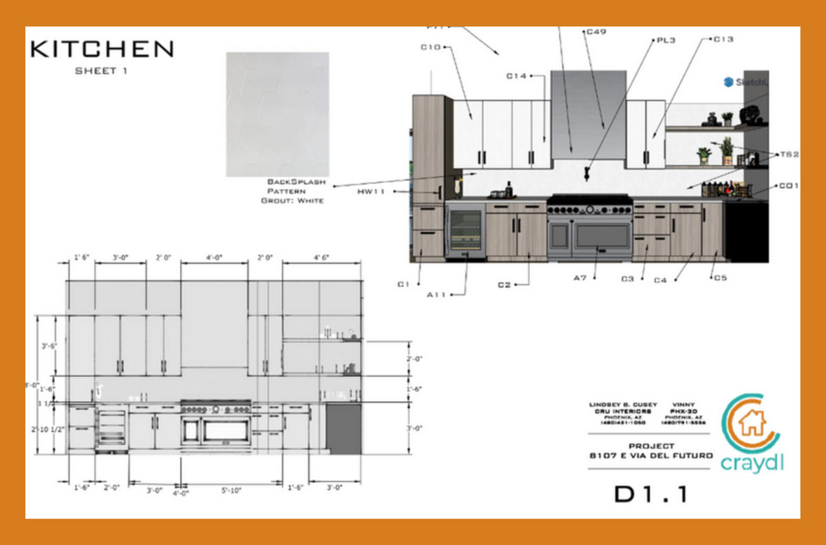 A cutsheet for a kitchen that was generated using Revit. Details can be seen, such as materials used, project name, the exact location of appliances, cabinets, and other information including dimensions.