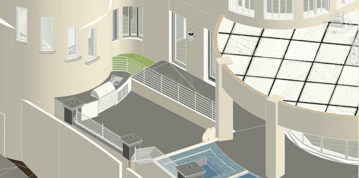 A visual remodel design showing a luxury home outdoor kitchen