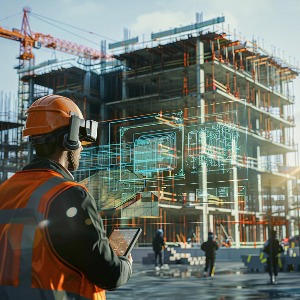 A construction worker uses a tablet to examin a digital overlay onto a building currently being built