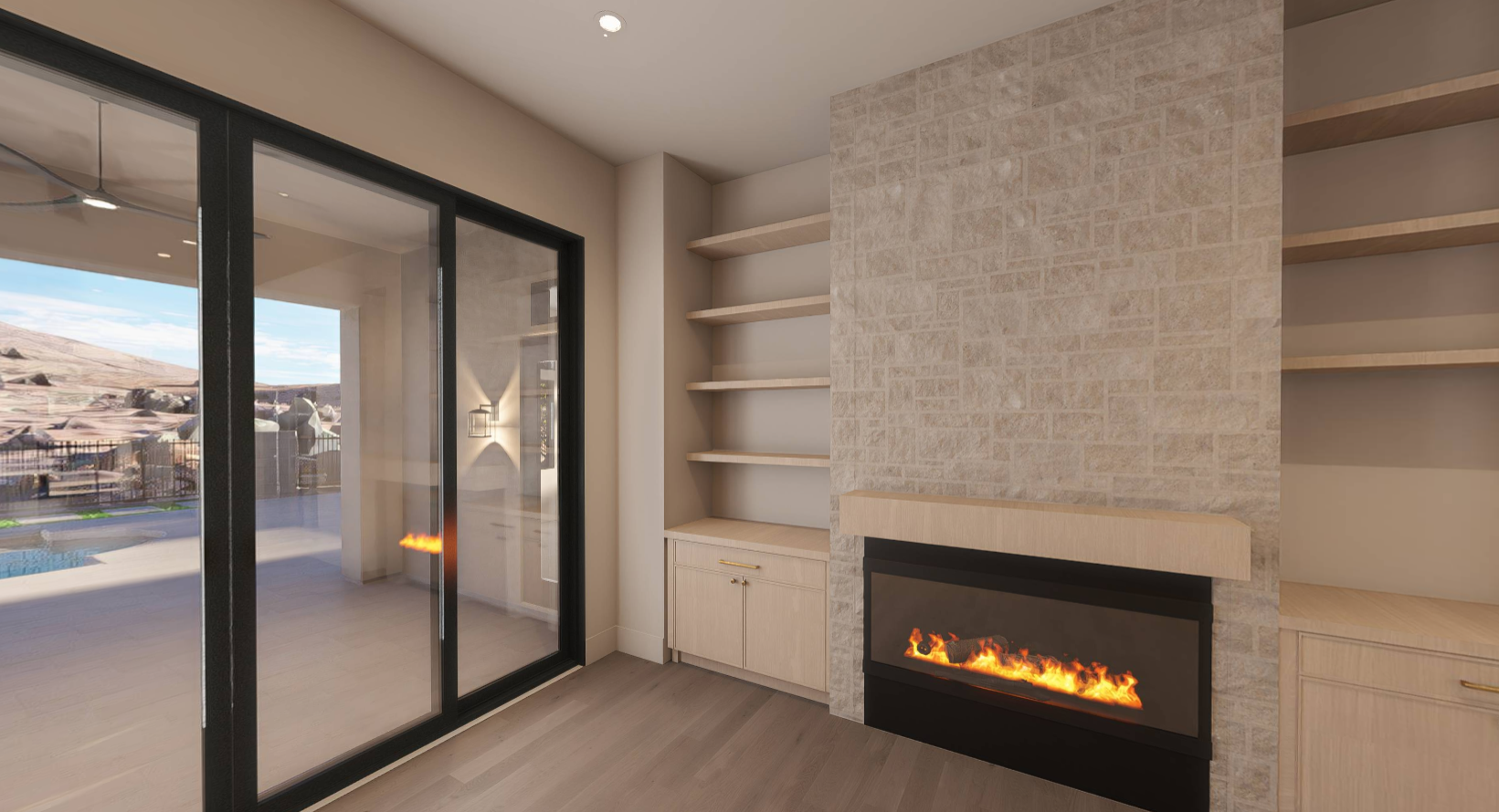 15th Drive remodel — living room with linear fireplace and patio views