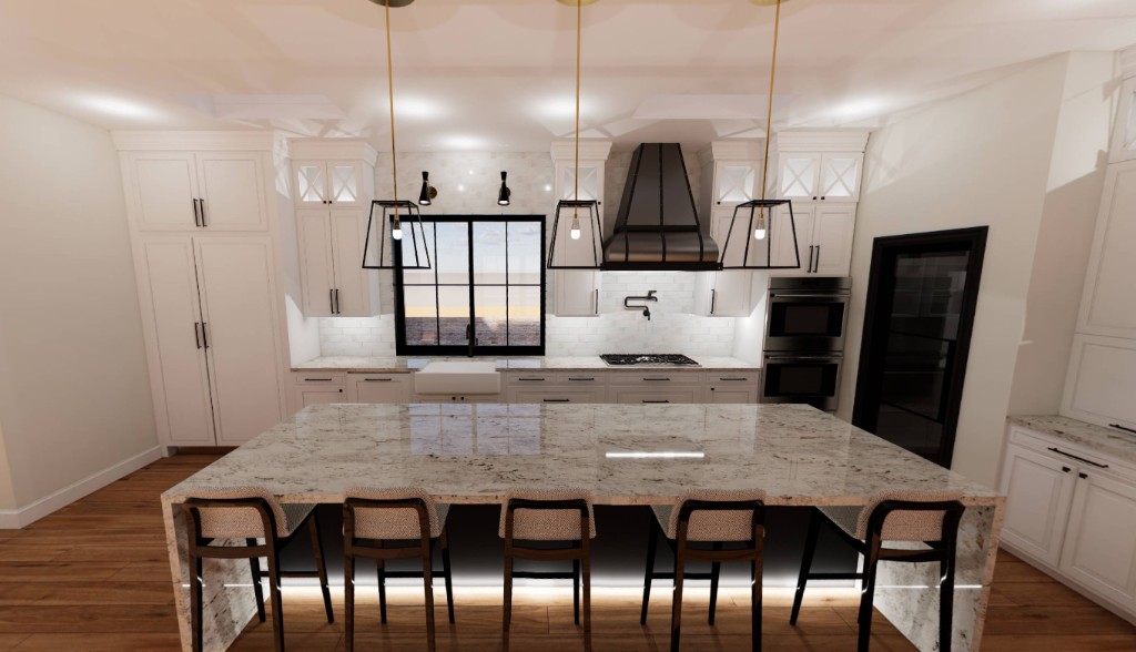 PATON remodel — modern kitchen with marble island, white shaker cabinets, and black accents
